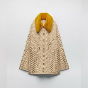 Zara Chunky Cable Knit Cardigan with Detachable Faux Fur Collar M/L